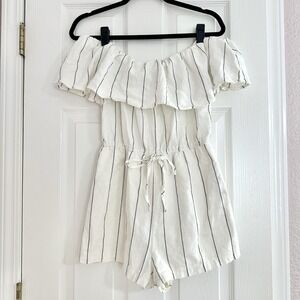 Forever 21 Linen & Cotton 1 Piece Off The Shoulder Romper White Pin Stripe Wms M